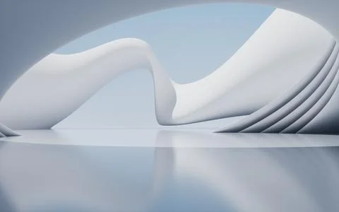 Abstract architectural background with flowing white curves and urban view... Ilustración de archivo