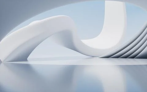 Abstract architectural background with flowing white curves and urban view... Ilustración de archivo