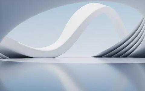 Abstract architectural background with flowing white curves and urban view... Ilustración de archivo