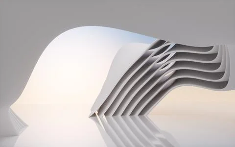 Abstract architectural background with flowing white curves and urban view... Ilustración de archivo