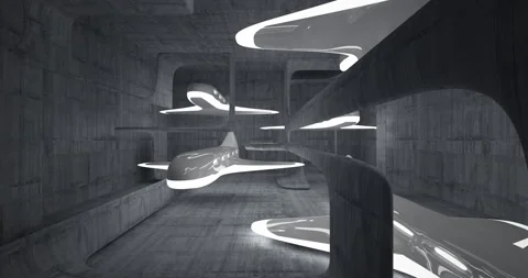 Abstract architectural background. Flying on a concrete minimalistic interior.  Stock Footage 131911107