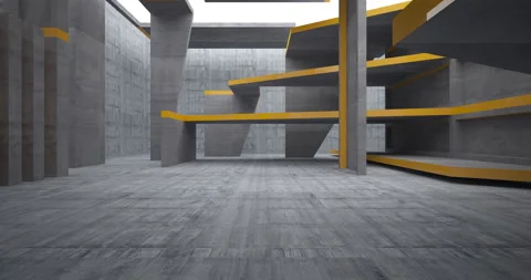 Abstract architectural background. Flying on a concrete minimalistic interior.  Stock Footage 147114609