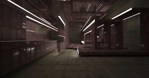 Abstract architectural background. Flying on a rusty metal minimalistic interior Stock-Footage 131292384