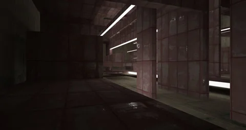 Abstract architectural background. Flying on a rusty metal minimalistic interior Stock Footage 131389040