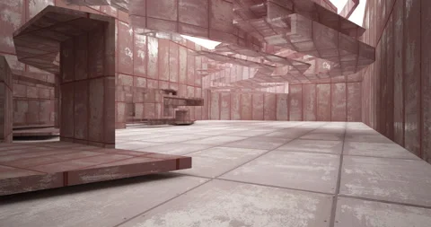Abstract architectural background. Flying on a rusty metal minimalistic interior Stock Footage 131415891