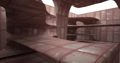 Abstract architectural background. Flying on a rusty metal minimalistic interior Stock Footage 135000261
