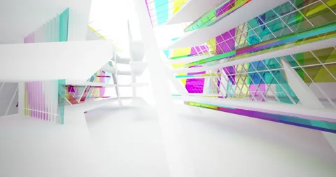 Abstract architectural background. Flying on a white minimalistic interior.  Stock Footage 143324568