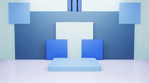 Abstract architectural background with white and blue boxes installation. 3d Stock Illustration