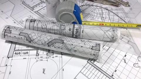 Abstract architectural blueprint, professional tools and equipment for architect Stock Footage 94422278