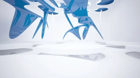 Abstract architectural interior with blue smooth glass sculpture.  Vídeos de archivo 83637101