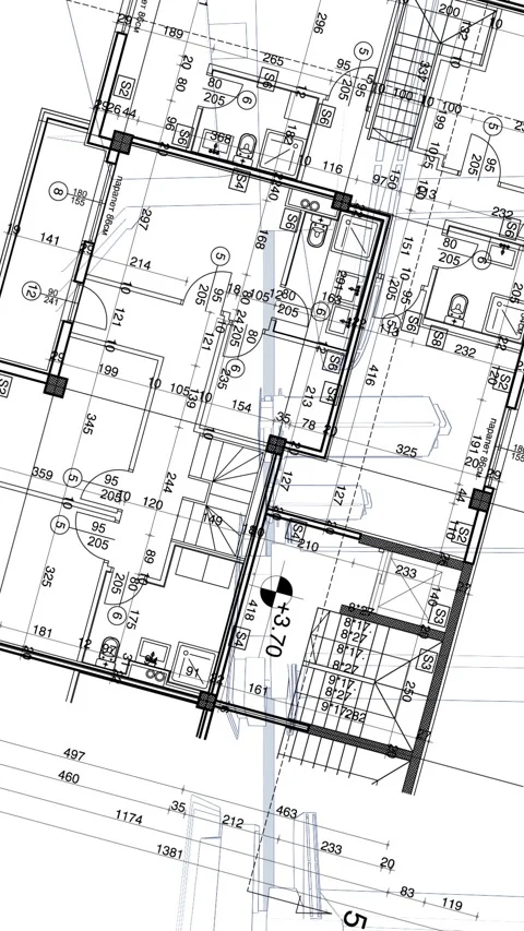Abstract architecture background: blueprint house plan with sketch of city .. Stock Footage 345637188
