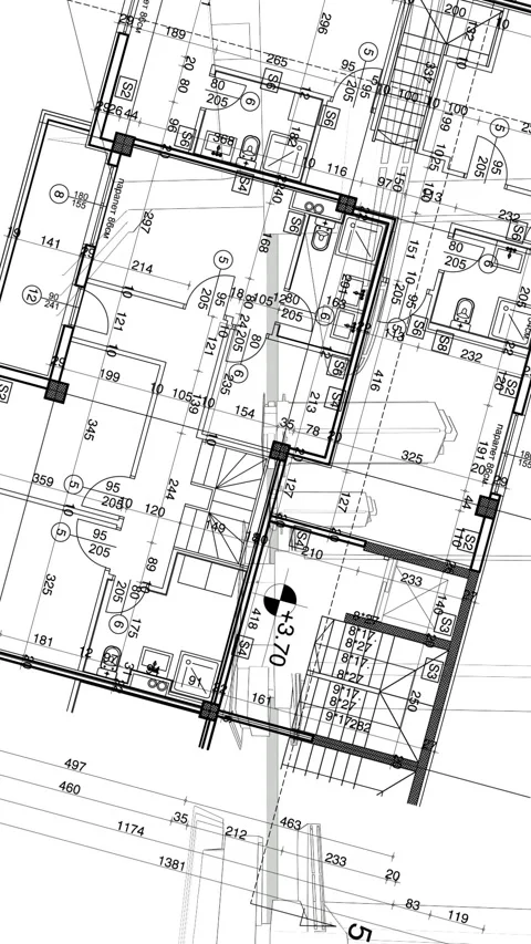 Abstract architecture background: blueprint house plan with sketch of city .. Stock Footage 345637951