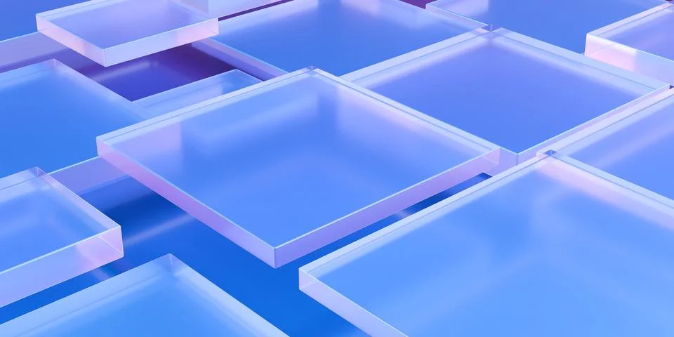 Abstract array of blue floating frosted glass rectangle shapes, geometric s.. Stockillustratie
