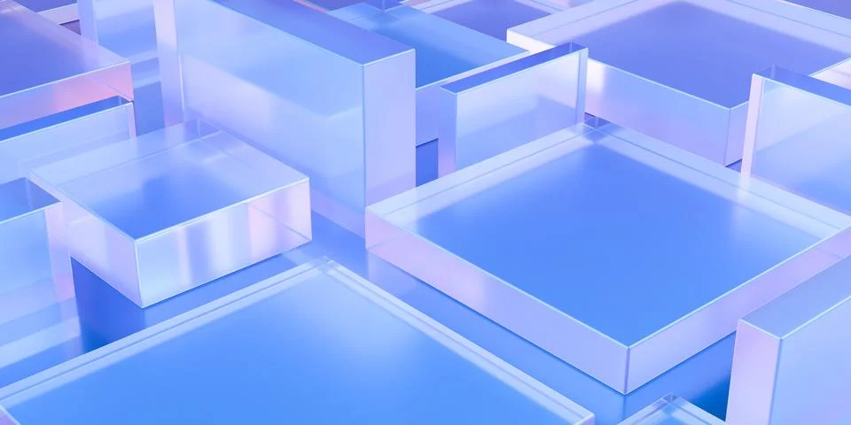 Abstract array of blue scaled and rotated frosted glass rectangle shapes, g.. Stock Illustration