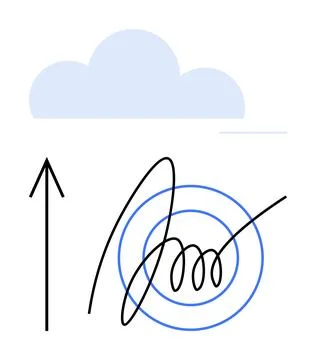 Abstract Arrow with Curved Path and Blue Cloud Above, Surrounded by Concent.. Stock Illustration