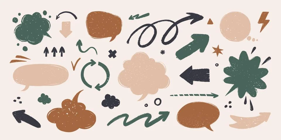 Abstract arrows and Speech bubbles set. Various doodle arrows and talk balloons Stock Illustration