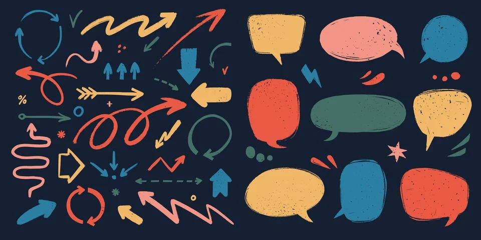 Abstract arrows and Speech bubbles set. Various doodle arrows and talk balloons Stock Illustration