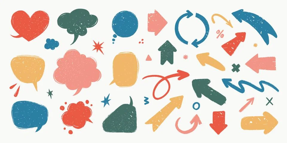 Abstract arrows and Speech bubbles set. Various doodle arrows and talk balloons Stock Illustration