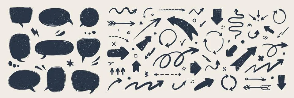 Abstract arrows and Speech bubbles set. Various doodle arrows and talk balloons Stock Illustration