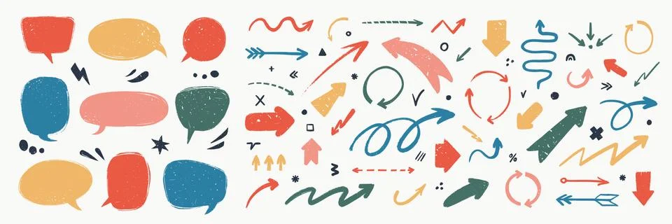 Abstract arrows and Speech bubbles set. Various doodle arrows and talk balloons Stock Illustration