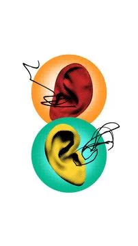 Abstract art collage. Echo. Two ears receive tangled sound waves, illustrating Stock Photos