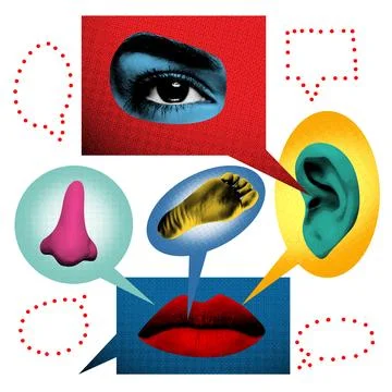 Abstract art collage. Perception. Different senses communicate through speech Stock Photos