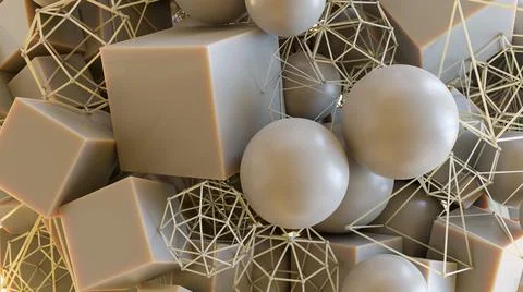 Abstract art of cubes, spheres and wireframe objects Illustrazione stock