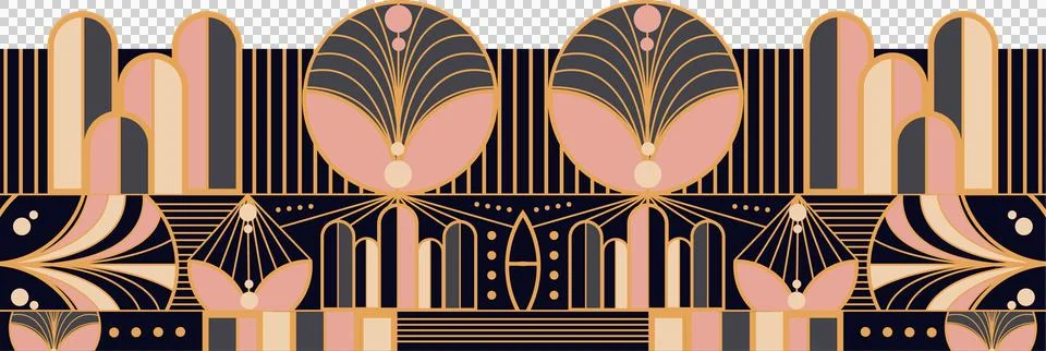 Abstract art deco pattern is featuring pink-gold fans and arches on transparent Stock Illustration