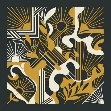 Abstract Art Deco Style Pattern with Sunbursts and Organic Shapes. Stock Illustration