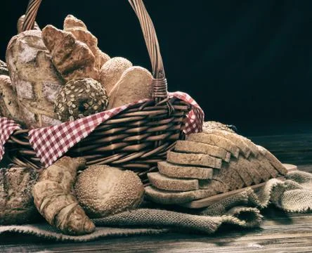 The abstract art design background of bread in basket and put  on timber wood Foto stock