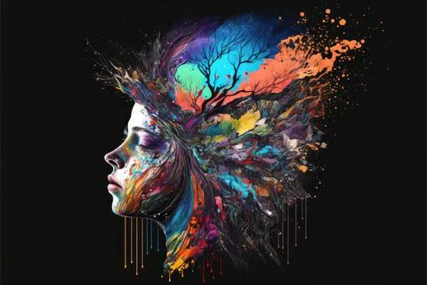 Abstract art of double exposure multicolored shading in tree and human face. Stock Illustration