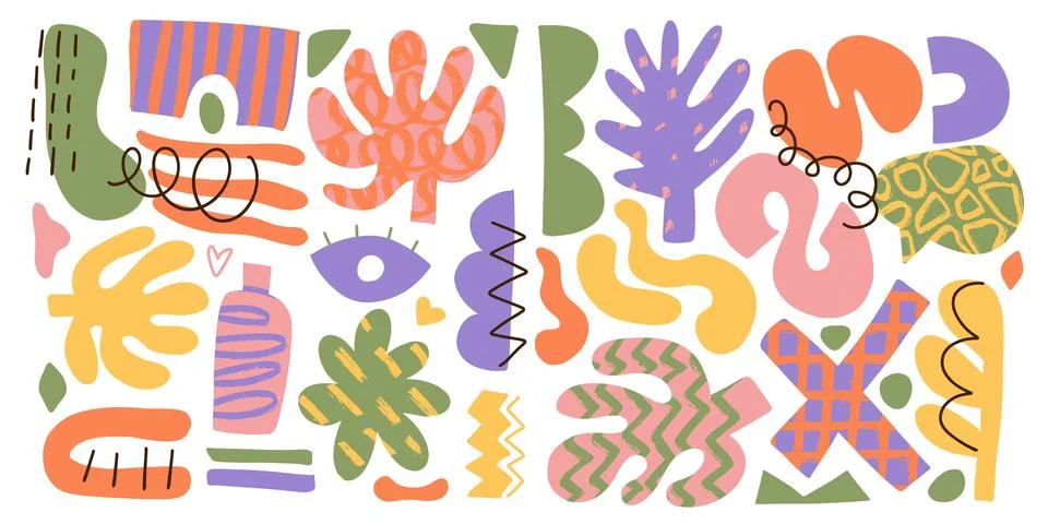 Abstract art elements with textures big set. Creative flat hand drawn various Stock Illustration