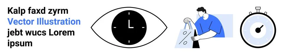 Abstract Art Featuring Eye with Clock, Worker with Panels, and Stopwatch Stock Illustration