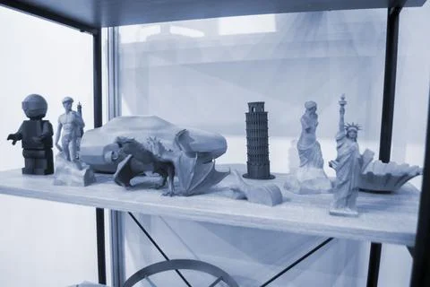 Abstract art objects prototype models printed 3D printer from polyamide powder Foto stock