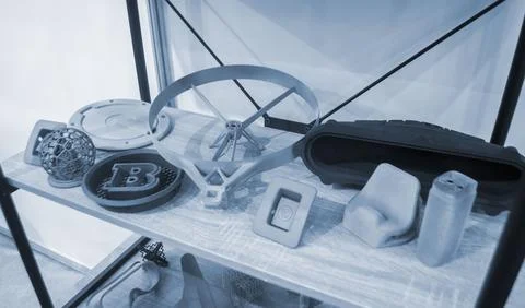 Abstract art objects prototype models printed 3D printer from polyamide powder Stock Photos