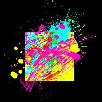 Abstract art paint ink splash, colorful blobs, drops and brush strokes on black Stock Photos