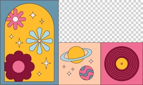 Abstract art showing triptych flat design with flowers planets record, Stock Illustration