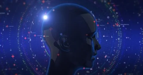 Abstract Artificial Intelligence And Technology Related Render With Human Head イラスト素材
