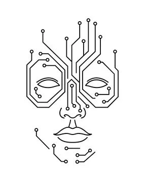 Abstract artificial intelligence face silhouette made of printed circuit bo.. Illustrazione stock