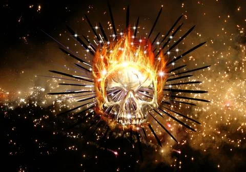 Abstract artistic 3d computer generated illustration of a fiery skull in a fi Stock Illustration