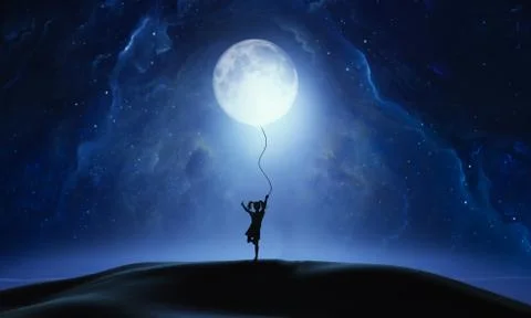 Abstract artistic 3d rendering illustration of a girl pulling down the moon f Stock Illustration