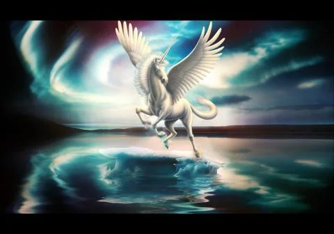 Abstract Artistic Digital Paining Of A Unique Unicorn In A Lake With Multicol Stock Illustration