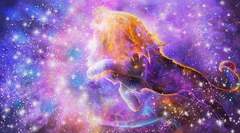 Abstract Artistic Digital Paint Of A multicolored Lion Roaring In a Nebula Ba Stock Illustration