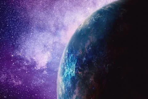 Abstract Artistic Planet Horizon On A Dramatic Colorful Galaxy Background Stock Illustration