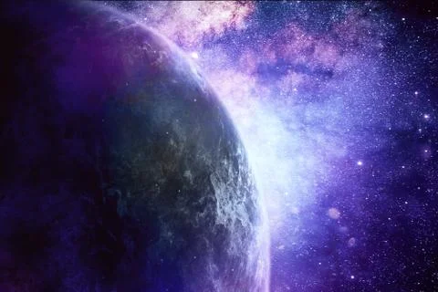 Abstract Artistic Planet Horizon On A Dramatic Colorful Galaxy Background Stock Illustration