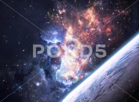 Abstract Artistic Planet Horizon On A Dramatic Colorful Galaxy Background Stock Illustration