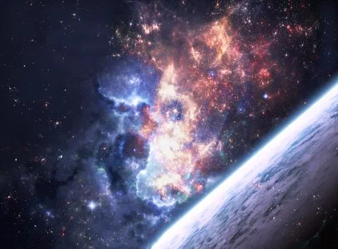 Abstract Artistic Planet Horizon On A Dramatic Colorful Galaxy Background Stock Illustration