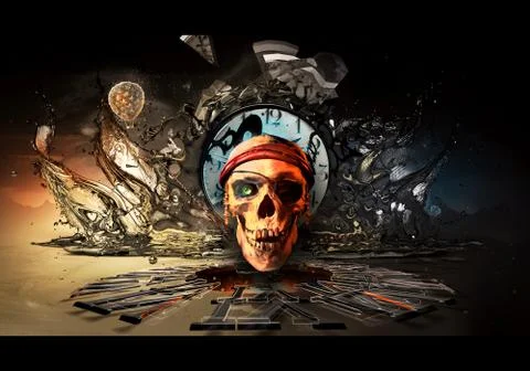 Abstract Artistic Unique Smooth Demon Pirate Skull In A Multicolored Of A Liq Stock Illustration