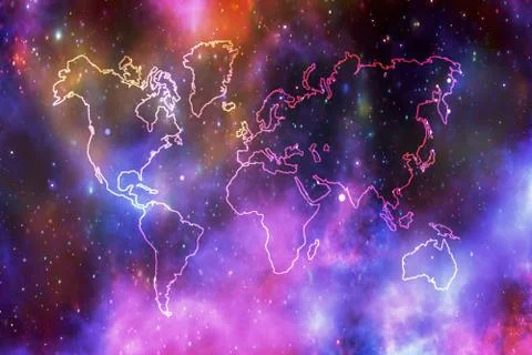 Abstract Artistic World Map On An Abstract Soft Galaxy Background Stock Illustration