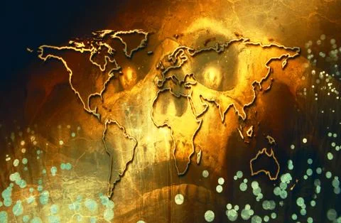 Abstract Artistic World Map On An Abstract Skull Of Death Background Stock Illustration